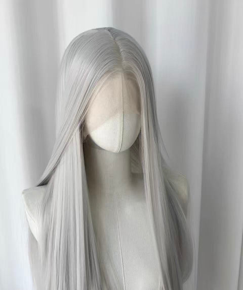 Silver Grey Long Straight Lace Front Wig | Ash Silver displayed on a mannequin with long, straight hair.