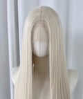 White Blonde Long Straight Lace Front Wig | Platinum White displayed on a mannequin with a center part.