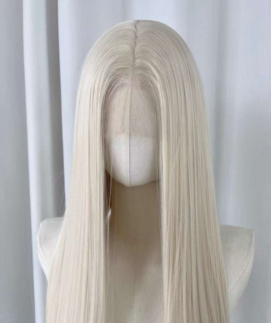 White Blonde Long Straight Lace Front Wig | Platinum White displayed on a mannequin with a center part.
