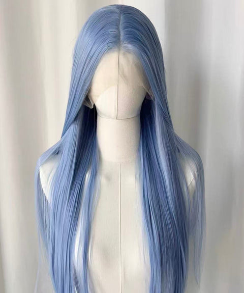 Light Blue Long Straight Lace Front Wig | Periwinkle showcased on a mannequin with a center part.