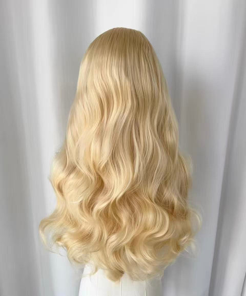 Golden Blonde Long Wavy Lace Front Wig | Body Wave displayed from the back showing flowing waves.