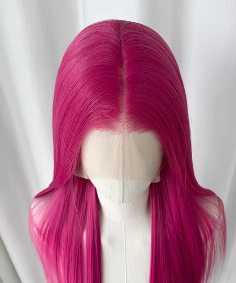 Hot Pink Long Straight Lace Front Wig | Magenta close-up of vibrant magenta color and hair texture