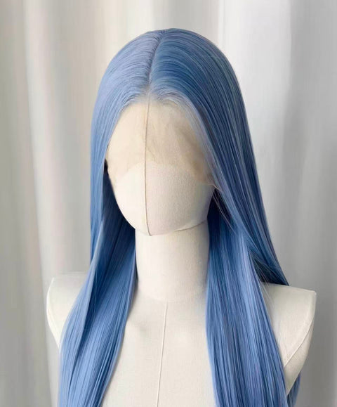 Light Blue Long Straight Lace Front Wig | Periwinkle back view showing long straight pastel blue style