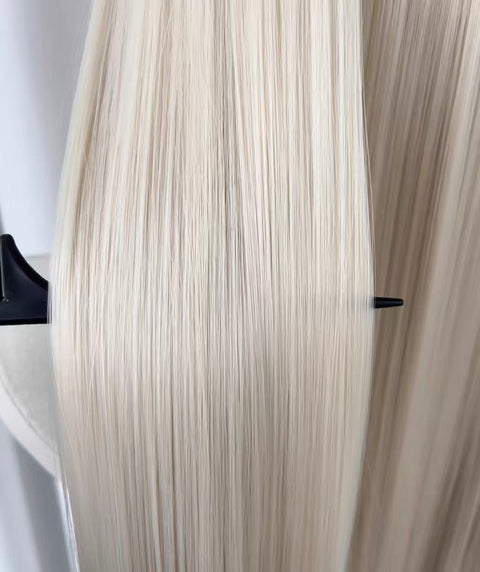 White Blonde Long Straight Lace Front Wig | Platinum White close-up of hair texture and sheen.