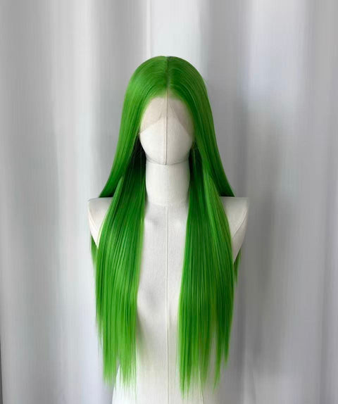 Vivid Green Long Straight Lace Front Wig | Bright Green displayed on mannequin with full length view