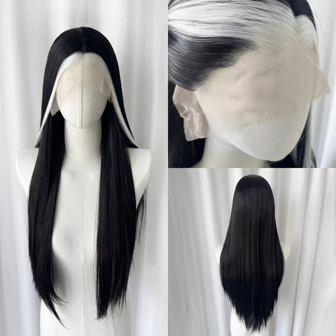 Black & White Split Color Long Straight Lace Front Wig | Cruella Two-Tone - Basic wigs