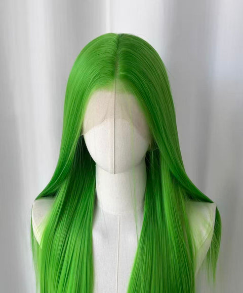 Vivid Green Long Straight Lace Front Wig | Bright Green close-up of vibrant green color and texture