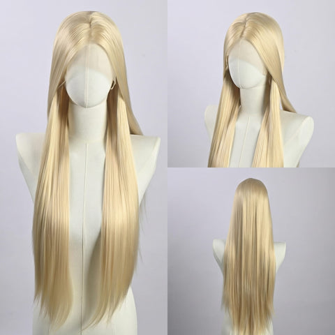 Platinum Blonde Long Straight Lace Front Wig | Light Gold displayed on mannequin with center part - KAMIYA Atelier