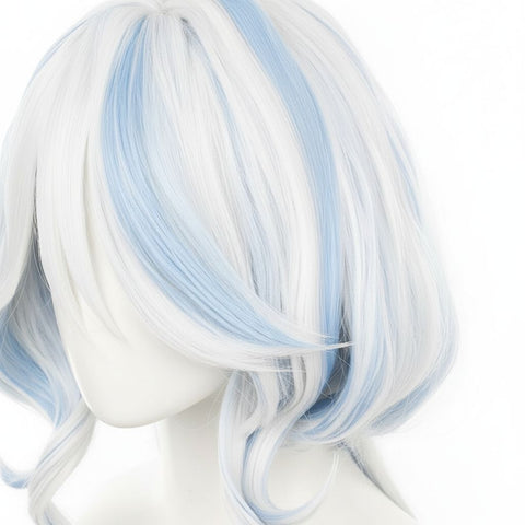 Genshin Impact Furina Focalors Cosplay Wig | White Blue Gradient Long Wavy close-up view of the hair color and style.