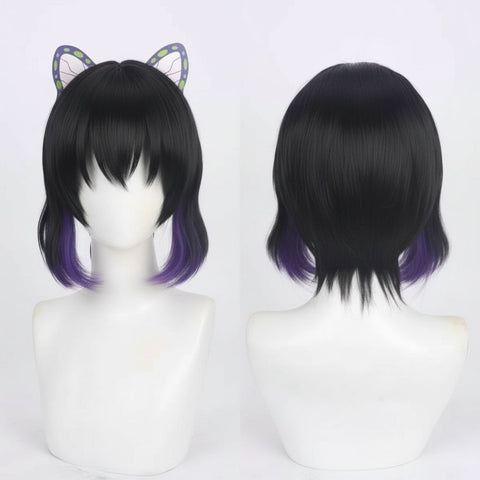 Shinobu Kocho Cosplay Wig front view - Black purple gradient bob with butterfly hair clip - Demon Slayer