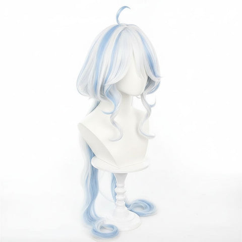 Genshin Impact Furina Focalors Cosplay Wig | White Blue Gradient Long Wavy displayed on a wig stand.