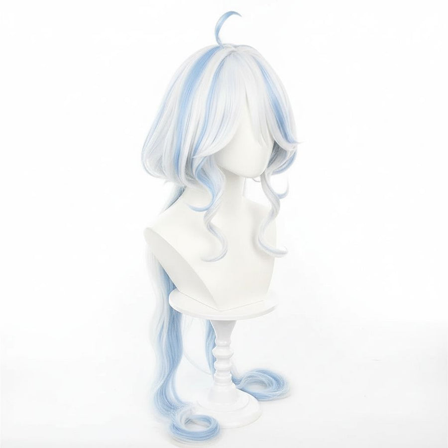 Genshin Impact Furina Focalors Cosplay Wig | White Blue Gradient Long Wavy displayed on a wig stand.