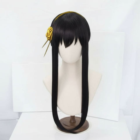SPY×FAMILY Yor Forger Cosplay Wig Updo Version | Black Long Straight with Bun on a wig stand.