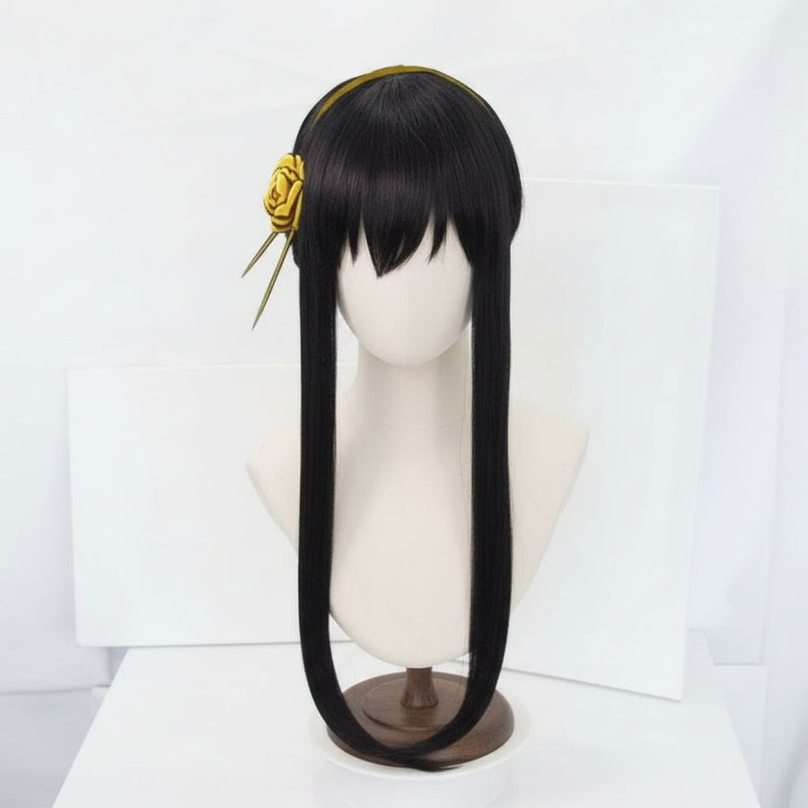 SPY×FAMILY Yor Forger Cosplay Wig Updo Version | Black Long Straight with Bun on a wig stand.