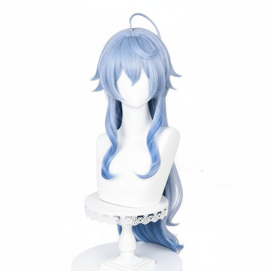 Genshin Impact Ganyu Cosplay Wig | Ice Blue Long Wavy Lace Front Wig displayed on a mannequin, showcasing the light to deep blue gradient.